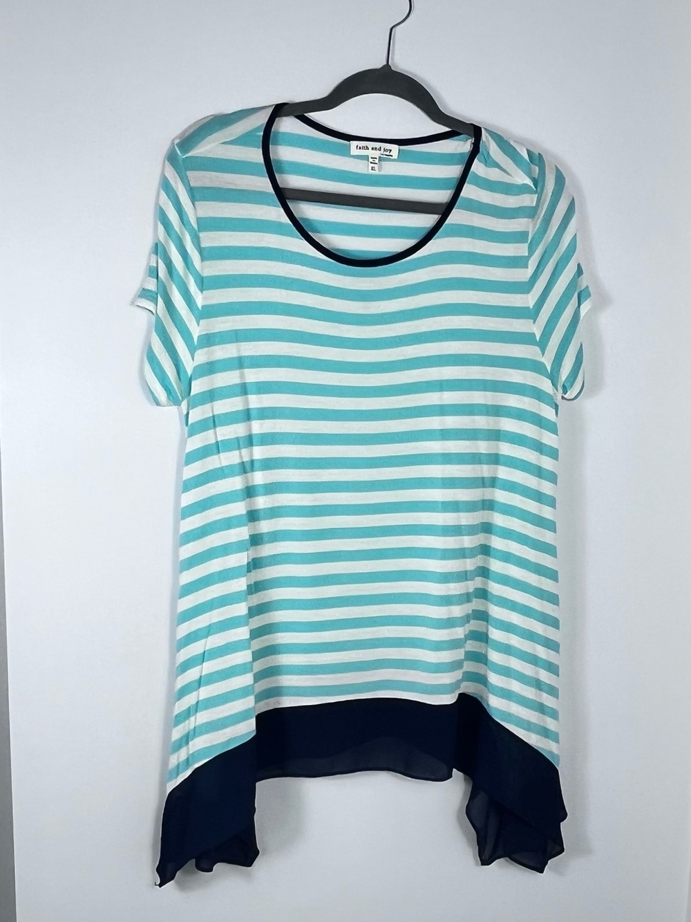 Faith and Joy Turquoise and White Striped Short Sleeve Top with Navy Tulle Hem